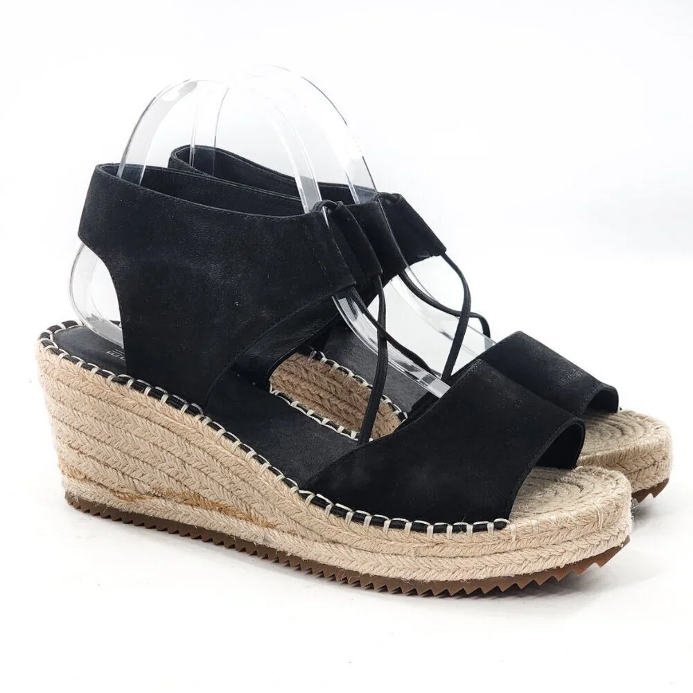 EILEEN‎ FISHER NWOB Whim Nubuck Leather Espadrille Wedge Sandal Black